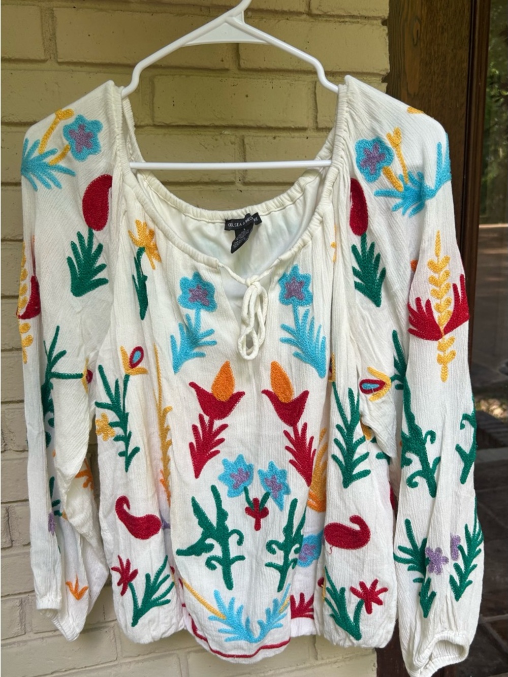 Chelsea & Theodore White Blouse with Turquoise and Purple Floral Embroidery